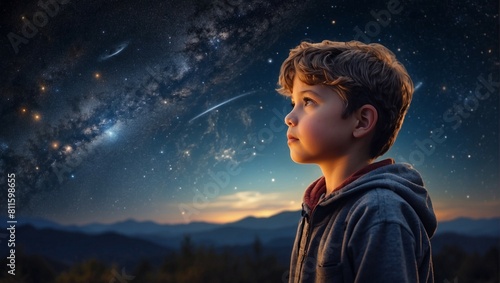 Young boy kid astronomer at a night of stargazing