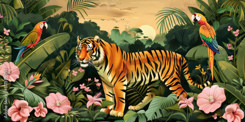 A vivid illustration of a tropical scene featuring a tiger amid lush foliage  with colorful parrots  flowers  and a sunset sky in the background.