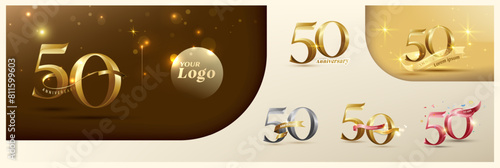 50th anniversary logotype modern gold number with shiny ribbon. alternative logo number Golden anniversary celebration