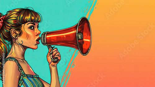 Pop art girl with megaphone. Woman with loudspeaker. Girl announcing discount or sale. Shopping time. Protest, meeting, feminism, woman rights, woman protest, girl power