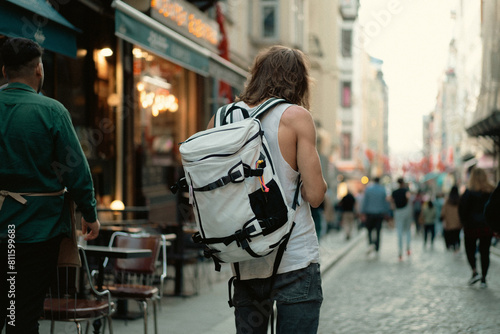 Man tourist with a backpack walks around the city. photo