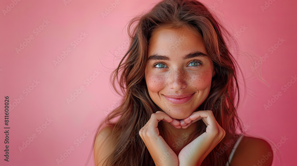 Beautiful Happy Woman Showing Love Sign. Portrait Of Beautiful Happy Woman Holding Heart Shaped Hands. Closeup Of Smiling Girl With Healthy Skin Showing Love Sign. Beautiful Happy Woman Showing Love Sign. Portrait Of Beautiful Happy Woman Holding Heart Shaped Hands. Closeup Of Smiling Girl With Healthy Skin Showing Love Sign.