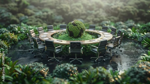 An international conference table, documents made from recycled paper, world leaders discussing global green policies