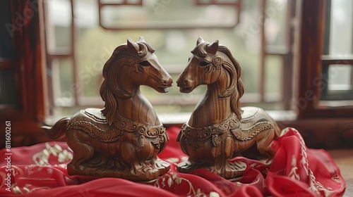 A pair of intricately carved wooden horses placed on a red silk cloth near a window, attracting love and harmony into a home according to Feng Shui principles photo
