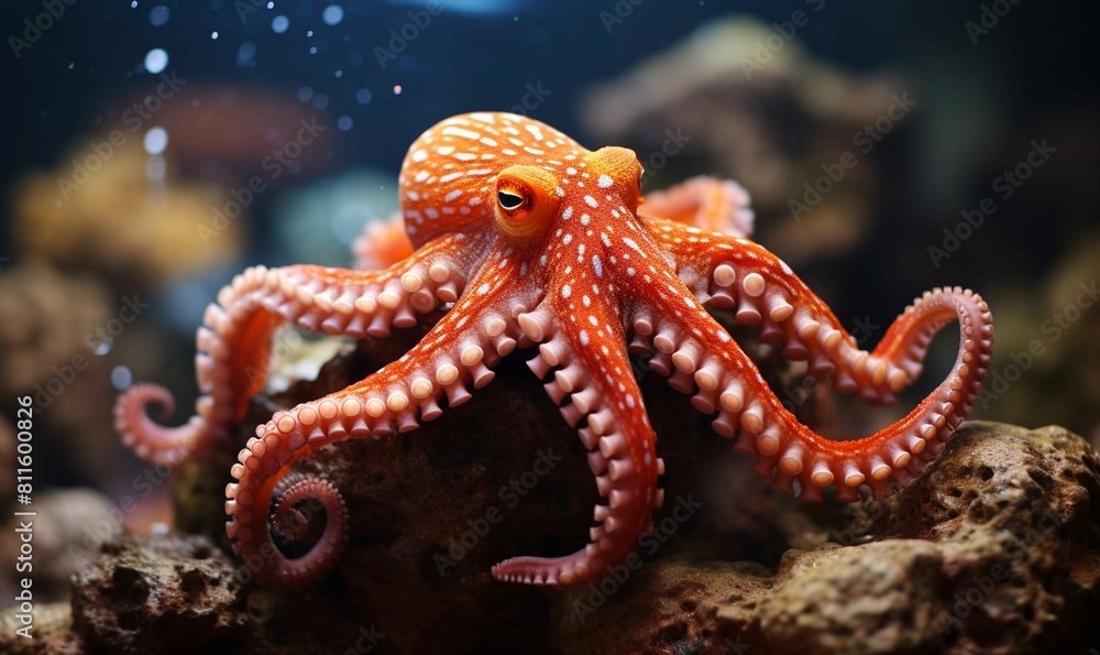 A large orange octopus with white spots is swimming in a tank A large orange octopus with white spots is swimming in a tank