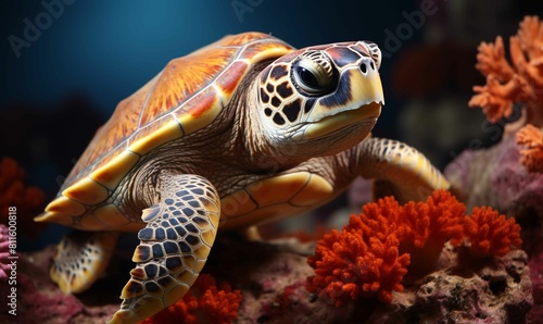 A baby turtle is on a coral reef © Cavan