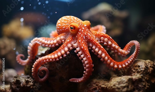 A large orange octopus with white spots is swimming in a tank