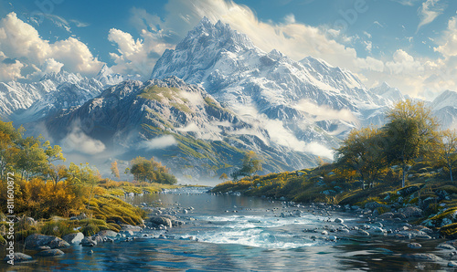 An idyllic painting of a crystal-clear mountain lake surrounded by lush forests and peaks. Generate AI