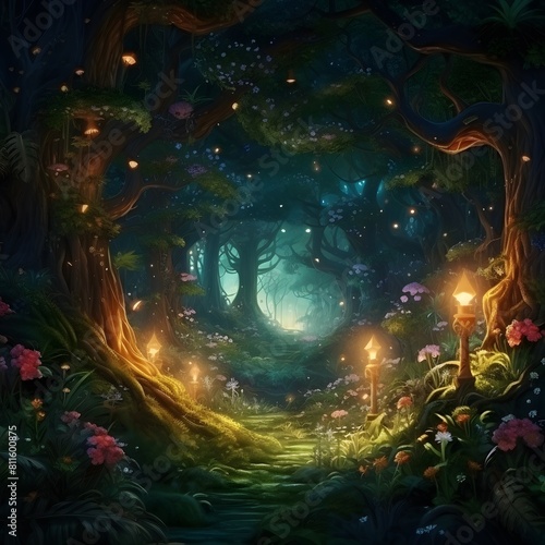 A beautiful fairytale enchanted forest with big trees. Generative AI.