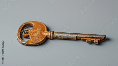 An elegant minimalist shot of a vintage key resting on a plain surface photo