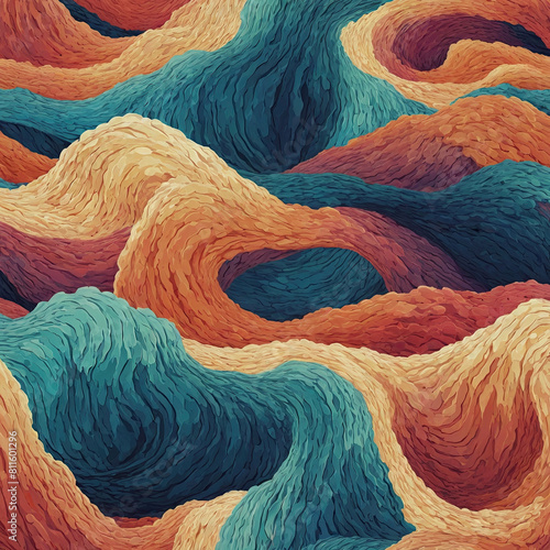 Abstract blue and orange wave painting illustration with wool texture