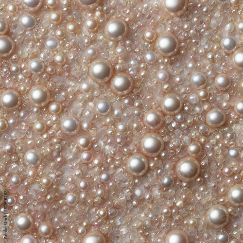 Scattered pearls and pieces of mother of pearl shell - abstract pearl background