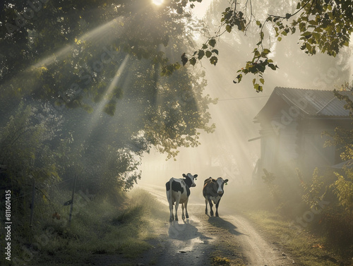 Morning Stroll of Cows in Misty Country Road