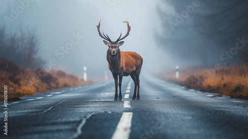 An intriguing photograph capturing the untamed spirit of a wild animal on an asphalt road during a foggy morning