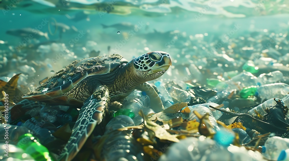 Fototapeta premium Endangered Species Day. Sea turtles have difficulty swimming due to marine pollution with plastic waste