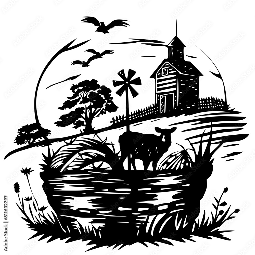 farm silhouette, farm scene, Farm Scene