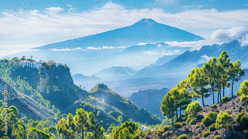 Scenic view of mountains with pine trees a seaside village Tenerife and mount Teide as seen from Gran Canaria