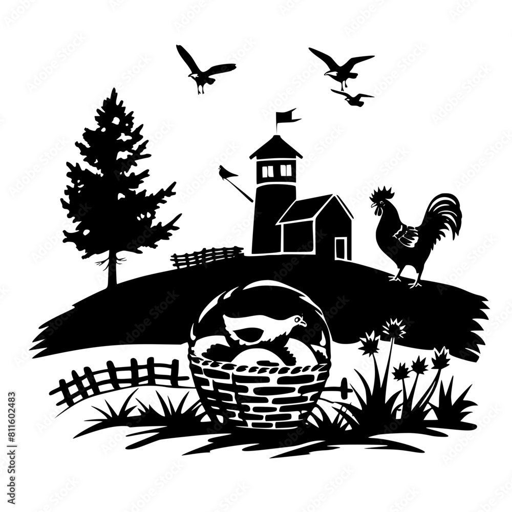 Vektorová grafika „farm silhouette, farm scene, Farm Scene dxf, Farm