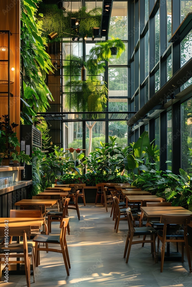 Cafe with lush vertical greenery and minimalist wooden tables Wideangle shot showcasing the natural, calming atmosphere against the glass walls