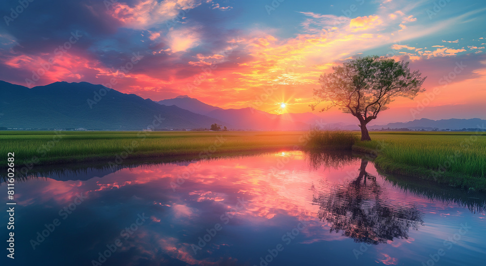 A beautiful sunrise over the rice fields A beautiful sunrise over the rice fields