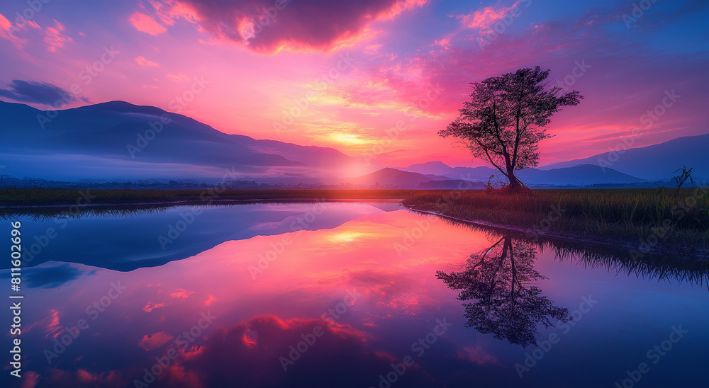 Fototapeta premium A beautiful sunset over the rice fields