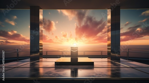 The end of the day brings a symmetrical sunset, illuminating the podium during a boxing award ceremony with warm, ambient light background photo