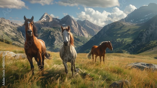 Playful and inquisitive horses roaming freely in the mountains