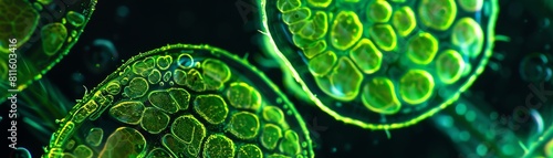 Intricate crosssection of plant cells viewed under a microscope, with glowing green details