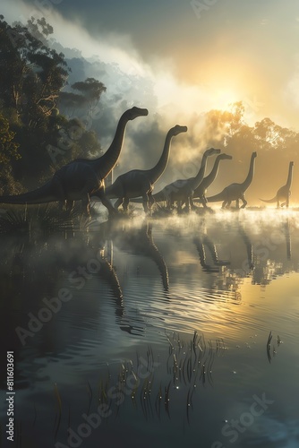 Sauropods crossing a river at dawn, mist rising from the water as the herd moves together, their reflections shimmering, panoramic view