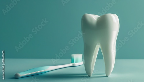 Stylized toothbrush and large tooth model against a cooltoned background  high contrast  minimalist composition