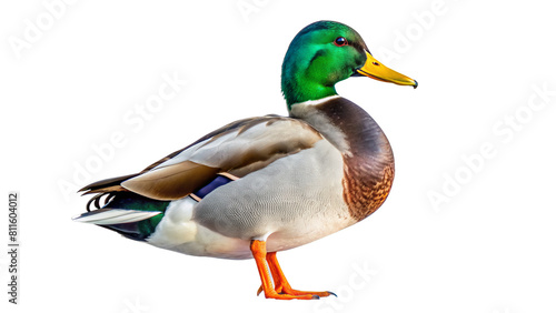 "Majestic Mallard": A striking male mallard duck with vibrant green head plumage, standing proudly against a pristine white backdrop.