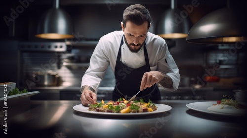 professional chef prepares a haute cuisine dish and decorates a plate with the finished dish in a modern kitchen. © Vitalii
