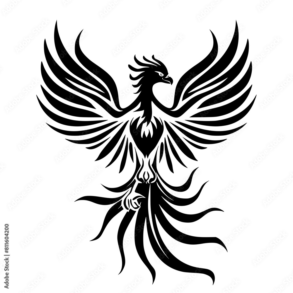Obraz premium tattoo, vector, design, tribal, bird, pattern, illustration, flower, ornament, decoration, floral, art, silhouette, phoenix, black, element, symbol, fire, leaf, logo, swirl, nature, wing, animal, drag