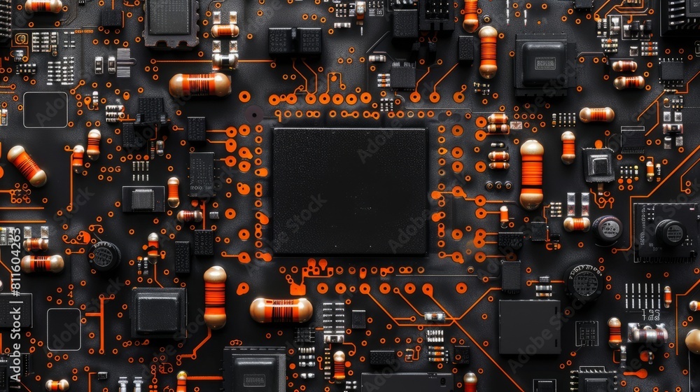 Black circuit board with orange elements. The concept of modern technologies. Technological background Black circuit board with orange elements. The concept of modern technologies. Technological background