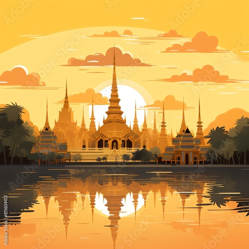 Majestic Golden Thai Temples Graceful Thai-style temples standing proud against the sky morning sun rise 