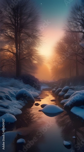 Mountain lake at dawn with misty sunrise photo