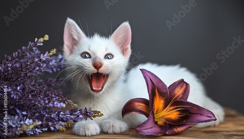 ラベンダーとユリの花に挟まれて絶叫する子猫 photo