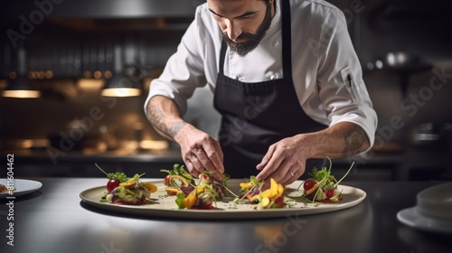 cook decorates ready-made dishes with herbs in a restaurant kitchen. The process of decorating a finished dish in a restaurant kitchen.