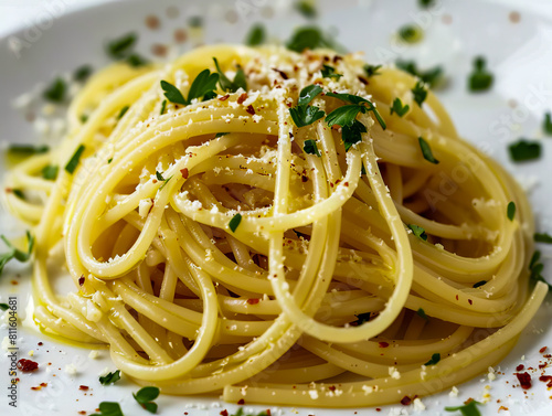 A plate of spaghetti with parsley and parmesan cheese. photo