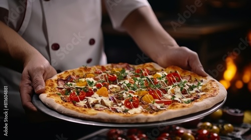 pizzeria chef holds a freshly prepared delicious pizza in his hands close-up