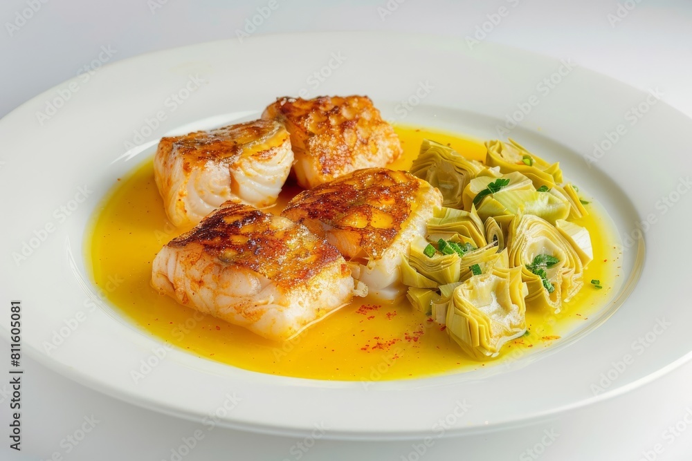 Seared Halibut with Artichoke Hearts and Saffron Infusion Seared Halibut with Artichoke Hearts and Saffron Infusion