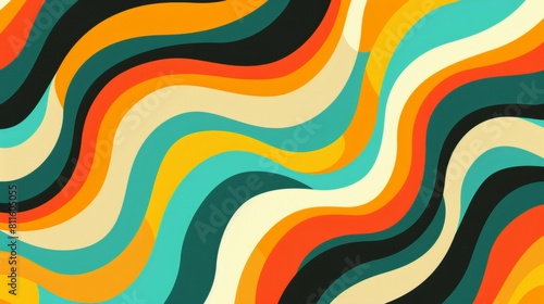 70s retro groovy background vector presentation design, minimal flat illustration of colorful waves pattern with stripes and shapes in yellow orange blue green on black background.