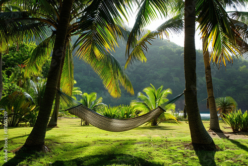 A tranquil hammock hangs between two palms in a lush green clearing