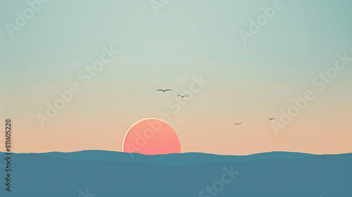 Birds flying over the ocean at sunset time