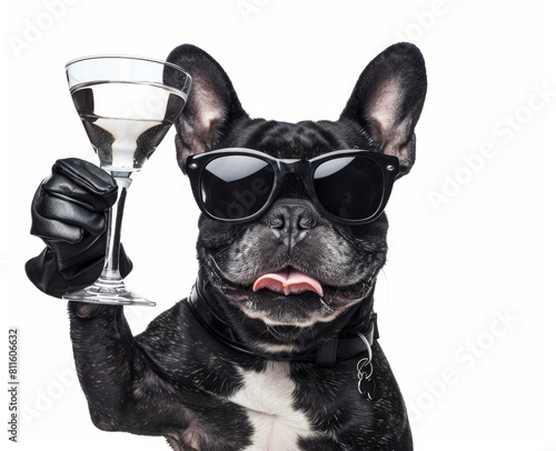 Fawn French Bulldog with sunglasses holds Martini glass © Alexei