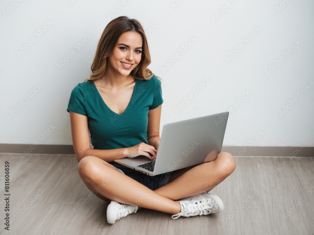 portrait of happy Smiling attractive young woman sitting on the floor with her legs crossed holding a laptop computer portrait of happy Smiling attractive young woman sitting on the floor with her legs crossed holding a laptop computer