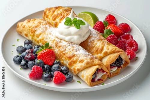 Luscious Four-Berry Chimichangas with Fresh Berry Garnish and Whipped Cream