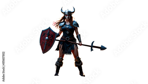 black rays sun bloody mystical demon stance eyes hiding woman viking shield low tattoos axe fighting forest creepy barbarian daemon execution vampire sinister monster crossed muscle strong body © akk png