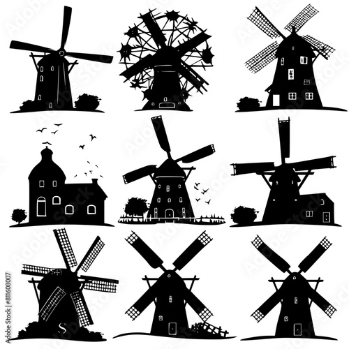 windmill, wind, mill, sky, old, building, architecture, landscape, agriculture, dutch, power, traditional, blue, farm, energy, rural, flour, mills, vector, wood, countryside, holland, sails, white, na