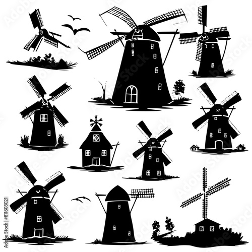 windmill, wind, mill, sky, old, building, architecture, landscape, agriculture, dutch, power, traditional, blue, farm, energy, rural, flour, mills, vector, wood, countryside, holland, sails, white, na